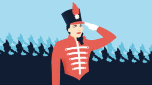 A woman soldier in a red and navy blue uniform saluting with a line of silhouetted soldiers behind her.