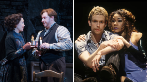 A collage of two images. Left: Mimì and Rodolfo from La bohème. Right: Mimi and Roger from Rent.